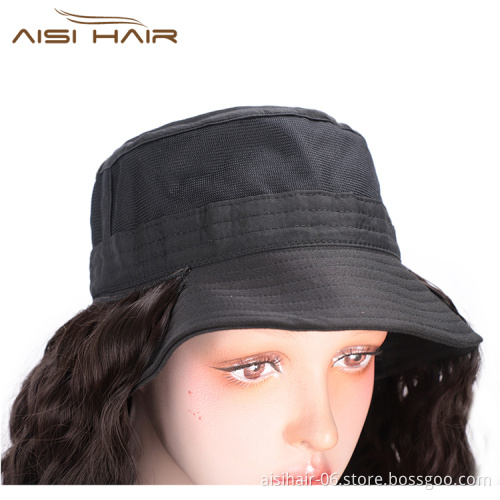 Aisi Hair Knit Slouchy Party Hat Long Water Wave Outdoor Hat Synthetic Dark Brown Fiber Hair Extension With Black Cap For Women
